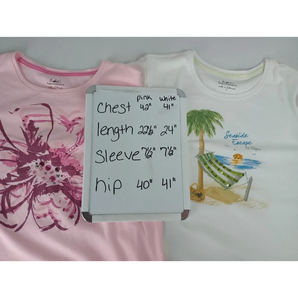 Lot of 2 Tapemeasure Women's Size Large T-Shirts White Beach Pink Floral